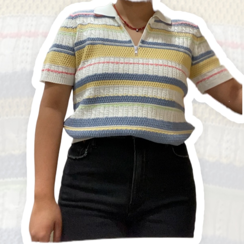 Alfred Dunner Petite Vintage Textured Knit Polo Top Stripe Sz M Grandpa core